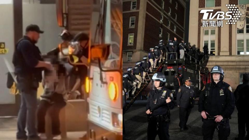 紐約警動用閃光彈清空哥大遭占大樓，亞利桑那警則強摘示威者頭巾。（圖左／翻攝自Mass Liberation AZ、圖右／達志影像路透社）