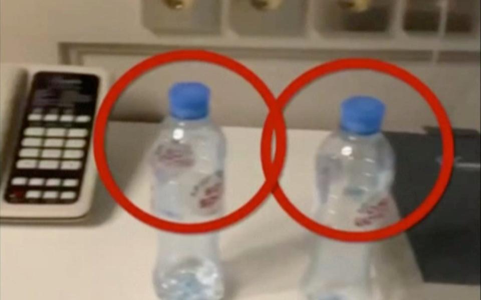 Water bottles in the hotel room where Mr Navalny stayed in Tomsk -  SOCIAL MEDIA/via REUTERS