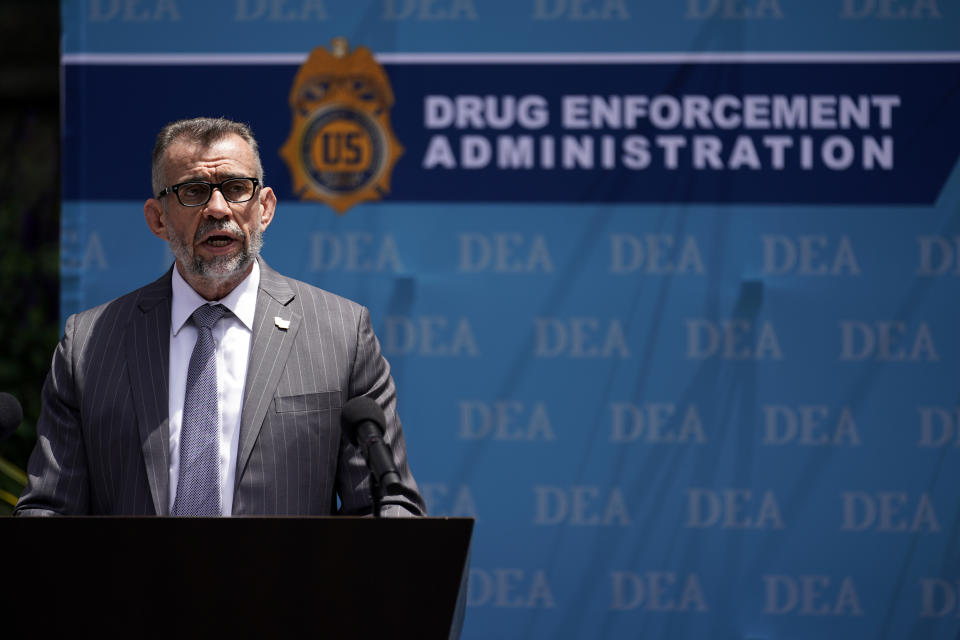 DEA Special Agent in Charge Bill Bodner addresses the media outside the Edward R. Roybal Federal Building, Thursday, May 13, 2021, in Los Angeles. Federal authorities say they have arrested at least 10 suspected drug dealers accused of selling fentanyl and other opioids that led to overdose deaths. (AP Photo/Marcio Jose Sanchez)