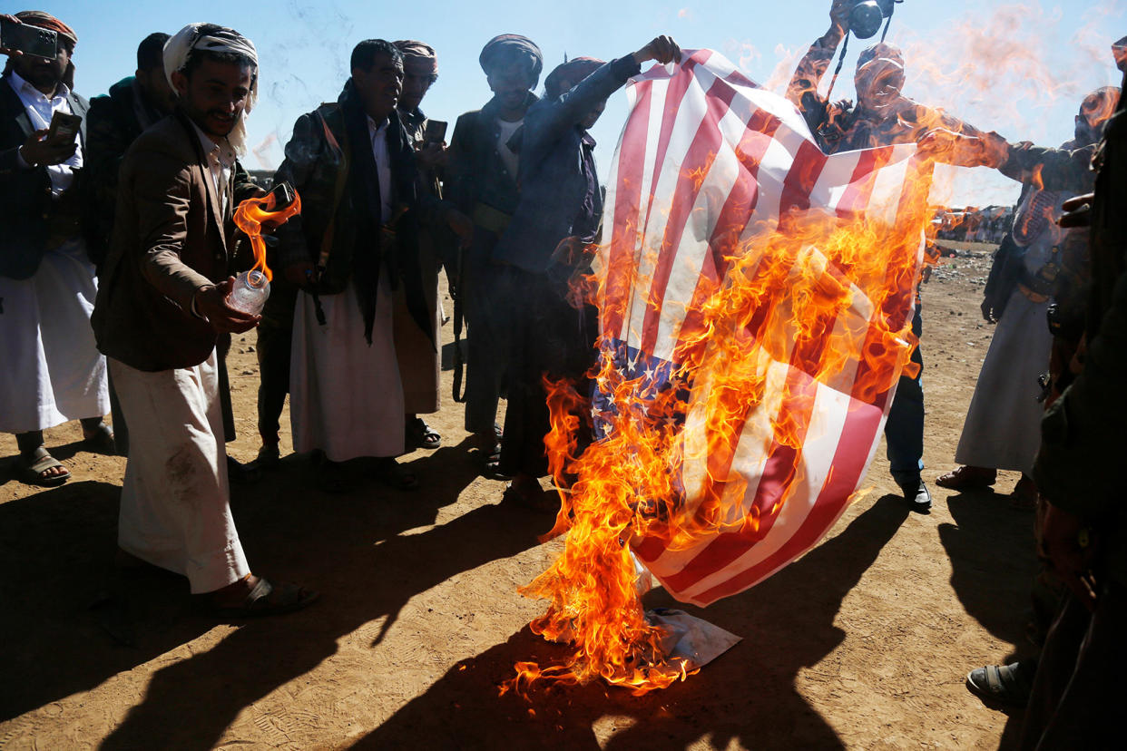 Yemen protest burning American Flag US Mohammed Hamoud/Getty Images