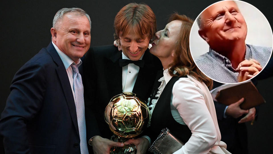 Modric’s parents congratulate their son after video of a teary dad’s (insert) reaction moves those in attendance. Pic: Getty