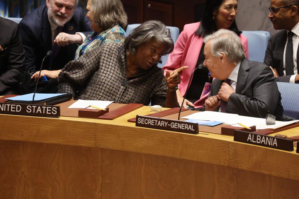 United States Ambassador to the United Nations Linda Thomas-Greenfield speaks with United Nations Secretary-General Antonio Guterres before President of Ukraine Volodymyr Zelenskyy addresses the U.N. Security Council in a meeting during the United Nations General Assembly (UNGA) on September 20, 2023 in New York City. Zelenskyy called on the U.N. Security Council to broaden its membership and remove Russia’s veto power.