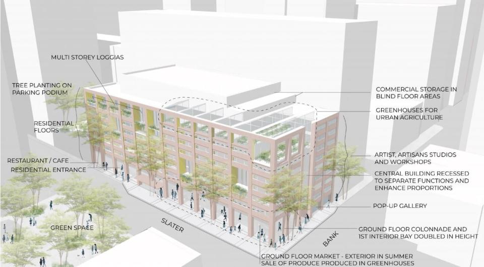 A conceptual design of a redevelopment of the Jackson Building presented as part of the Downtown Revitalization Task Force's action plan.