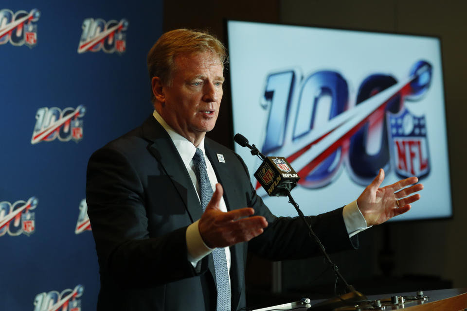 NFL Commissioner Roger Goodell speaks at a news conference after the NFL Fall league meeting, Wednesday, Oct. 16, 2019, in Fort Lauderdale, Fla. (AP Photo/Wilfredo Lee)