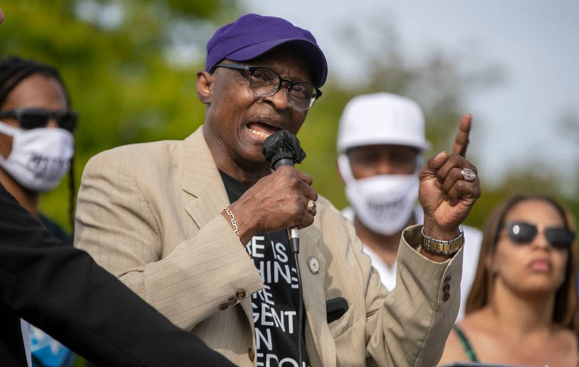 N.C. NAACP president Rev. Dr. Anthony Spearman speaks during a March for Criminal Justice Reform rally on Sunday, May 2, 2021 in Elizabeth City, N.C.