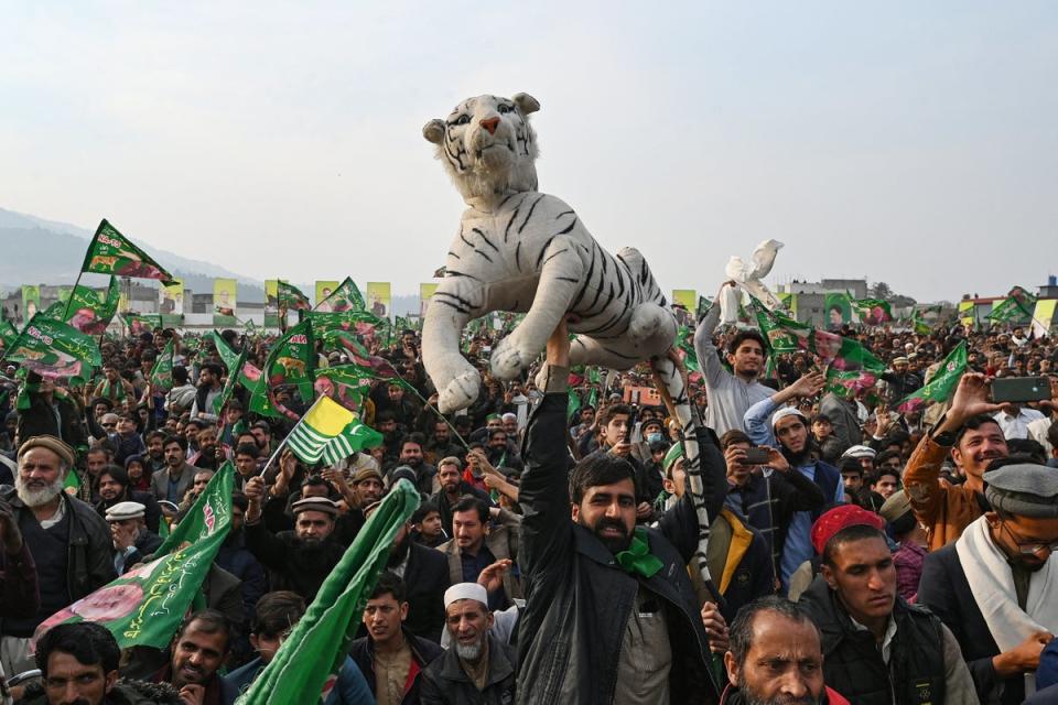 Pakistan Muslim League – Nawaz (PML-N) supporters attend an election campaign rally for Nawaz Sharif at Mansehra, Khyber Pakhtunkhwa province (AFP via Getty Images)