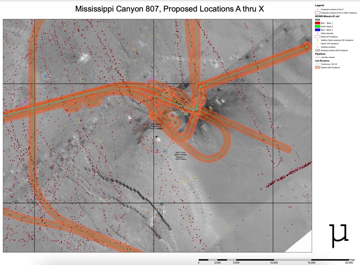 This map, included in a 2011 Shell Offshore Inc. <a href="https://www.regulations.gov/document/BOEM-2011-0107-0001" target="_blank" rel="noopener noreferrer">exploration plan</a> for a portion of Mississippi Canyon, shows hundreds of pieces of debris along the seafloor. The dots circled in red are identified as potential barrels. (Photo: Shell Offshore Inc.)