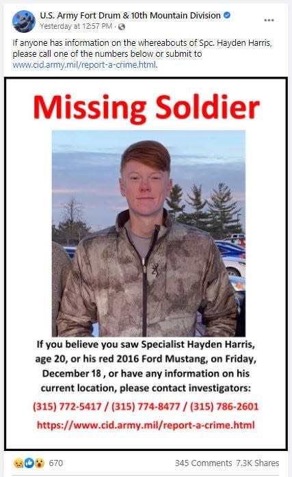 U.S. Army Fort Drum & 10th Mountain Division took to Facebook seeking the public's assistance with tracking down missing solider, Hayden Harris. Harris' body was found Saturday afternoon in a wooded area in Byram Township.