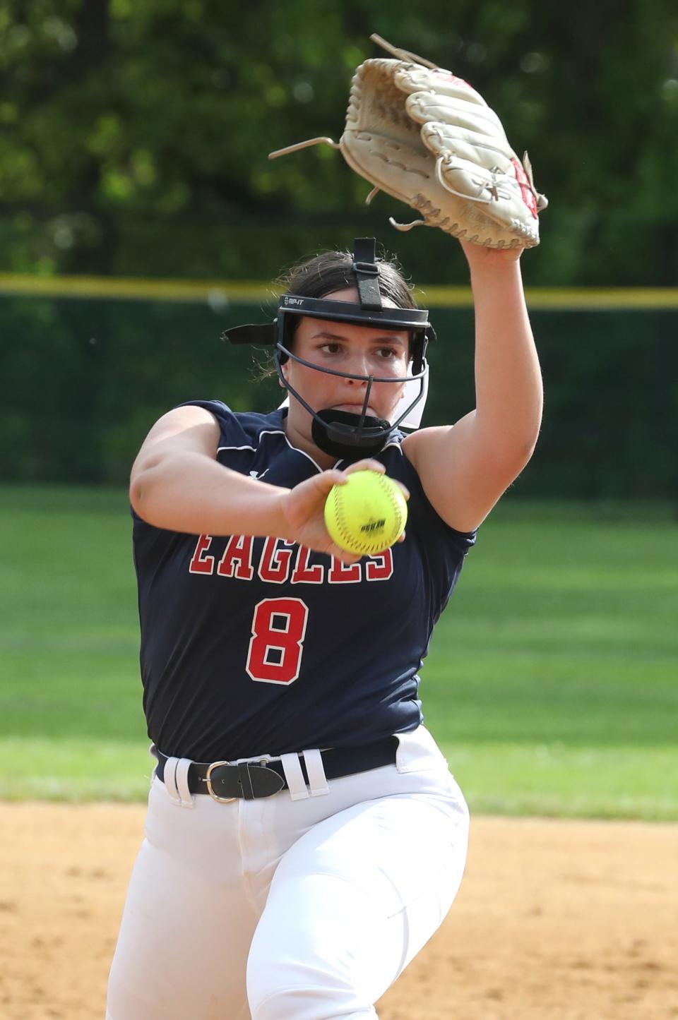 Eastchester's Sabrina Cosgrove winds up a pitch during a game at Ardsley May 6, 2024. Eastchester won 9-2.