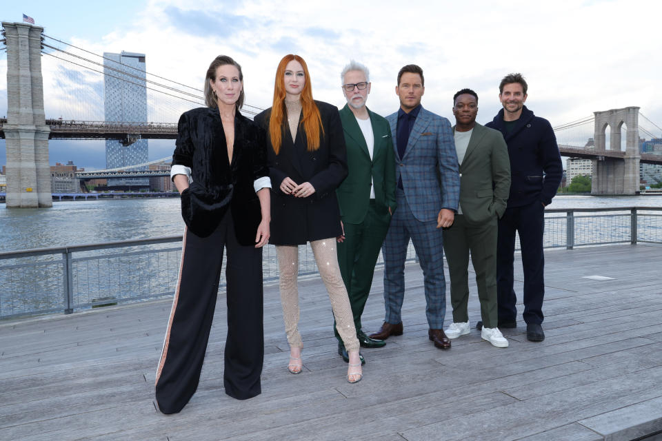 NEW YORK, NEW YORK - MAY 03: (L-R) Miriam Shor, Karen Gillan, James Gunn, Chris Pratt, Chukwudi Iwuji and Bradley Cooper attend a special screening of Guardians Of The Galaxy Vol. 3 on May 03, 2023 in New York City. (Photo by Kevin Mazur/Getty Images for Disney)