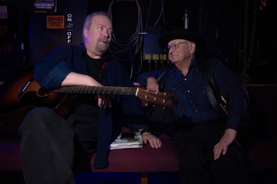 Don Schlitz and Charlie McCoy sit together backstage after Schlitz and McCoy were both invited to become a members of the Grand Ole Opry at Grand Ole Opry House in Nashville , Tenn., Saturday, June 11, 2022.