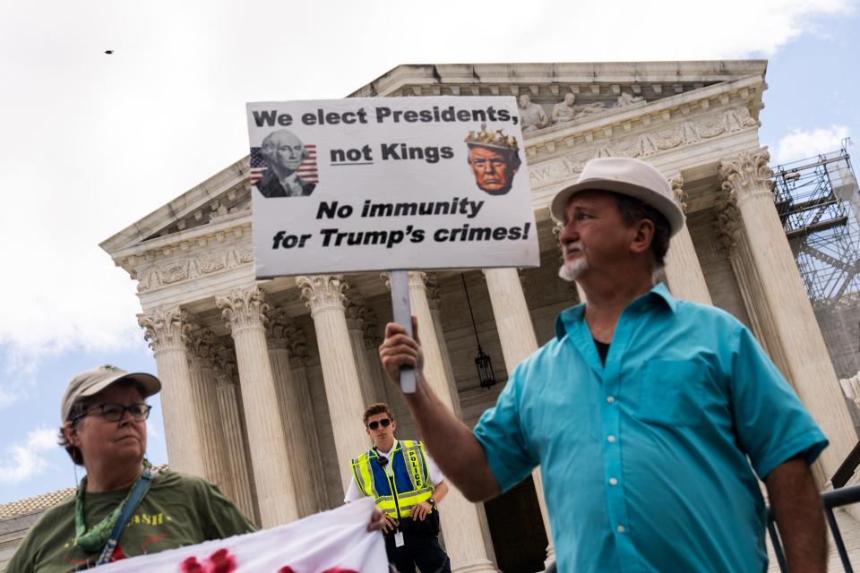 Protesters gather outside of the US Supreme Court before the court issued opinions on July 1, 2024 in Washington, D.C.