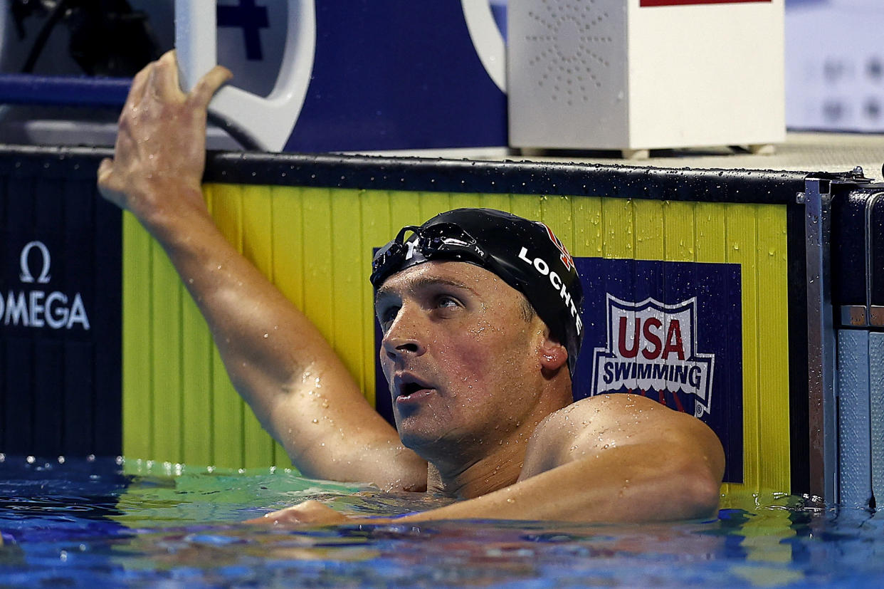 OMAHA, NEBRASKA - JUNE 17: Ryan Lochte of the United States reacts after competing in a semifinal heat for the Men's 200m individual medley during Day Five of the 2021 U.S. Olympic Team Swimming Trials at CHI Health Center on June 17, 2021 in Omaha, Nebraska. (Photo by Maddie Meyer/Getty Images)