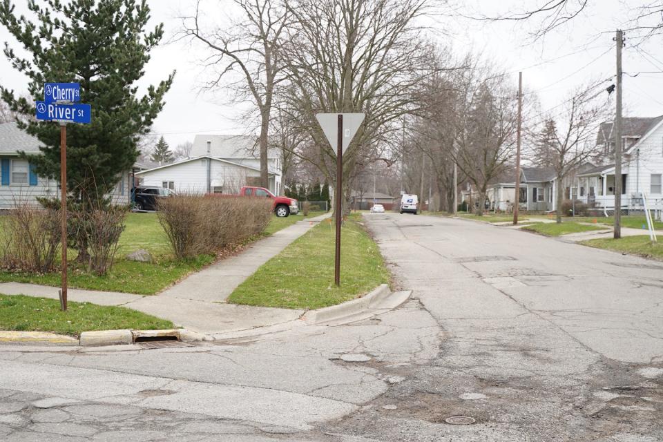 The intersection of Cherry and River streets in Adrian is pictured in April 2022 when base stabilization and resurfacing was done on Cherry Street. The city also approved it for a special assessment district for the addition of curbs and gutters.