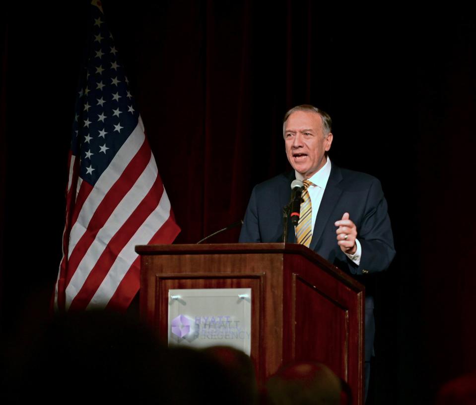 Former U.S. Secretary of State Mike Pompeo delivers the keynote speech to the first-ever Bob Dole dinner held at the annual Kansas State Republican party convention at the Hyatt Hotel on March 12, 2022 in Wichita, Kansas. Pompeo served as director of the CIA and secretary of state under former President Donald Trump.