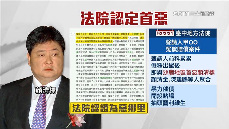 法院訴願決定書中，直接點名顏清標是「沙鹿地區首惡」。