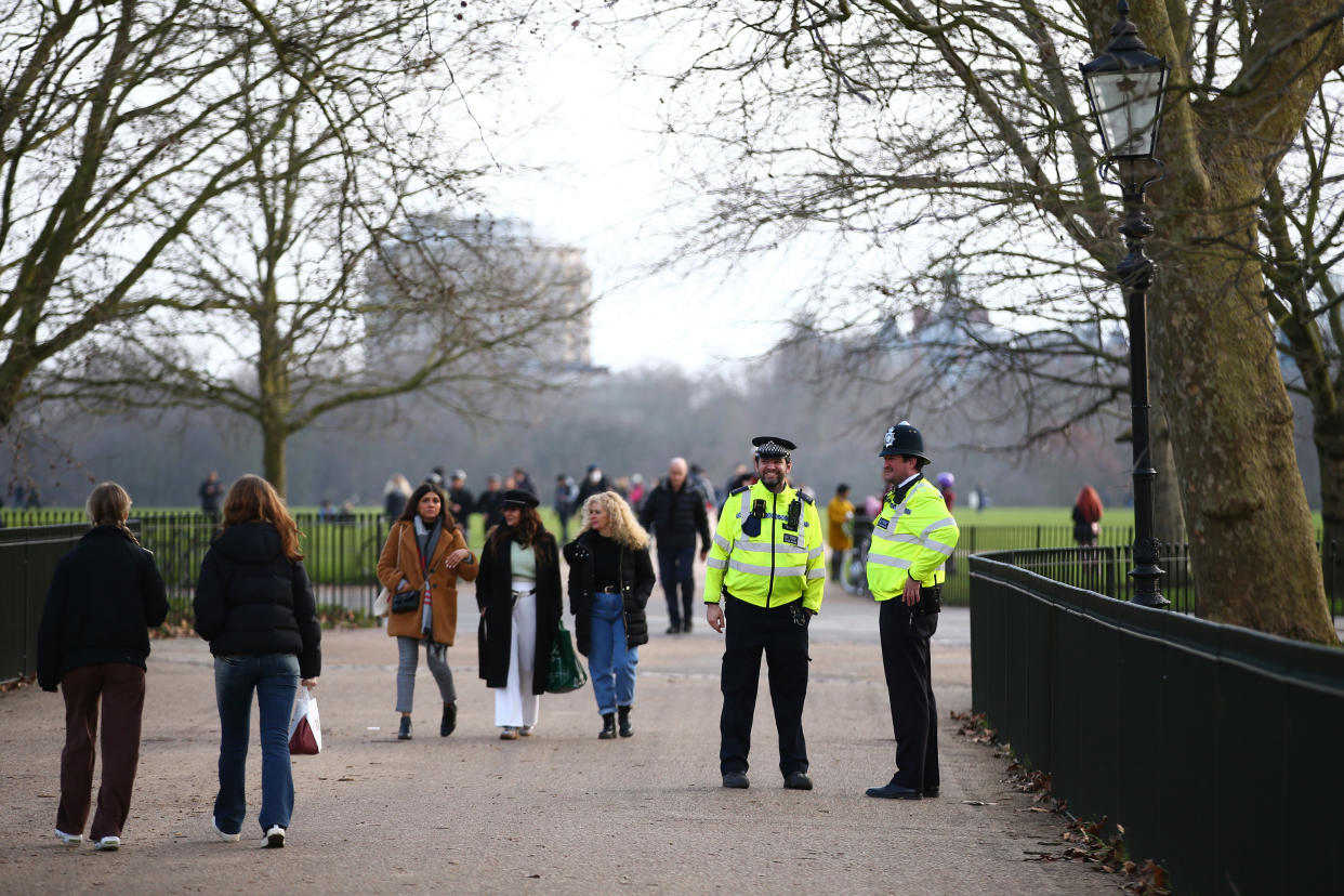 LONDON, ENGLAND - FEBRUARY 21: Met police officers patrol as people exercise in Hyde Park on February 21, 2021 in London, England. The British government is expected to announce tomorrow its plans for easing current lockdown measures, as covid-19 cases decline. (Photo by Hollie Adams/Getty Images)