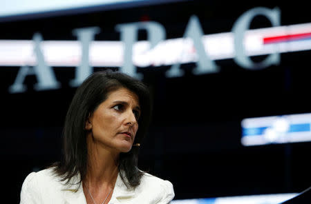 U.S. Ambassador to the United Nations NIkki Haley speaks to the American Israel Public Affairs Committee (AIPAC) policy conference in Washington, U.S., March 27, 2017. REUTERS/Joshua Roberts