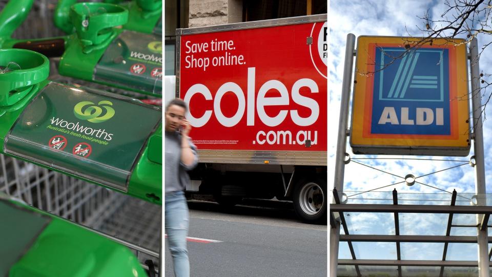 A Woolworths trolley, a Coles delivery van and Aldi sign.