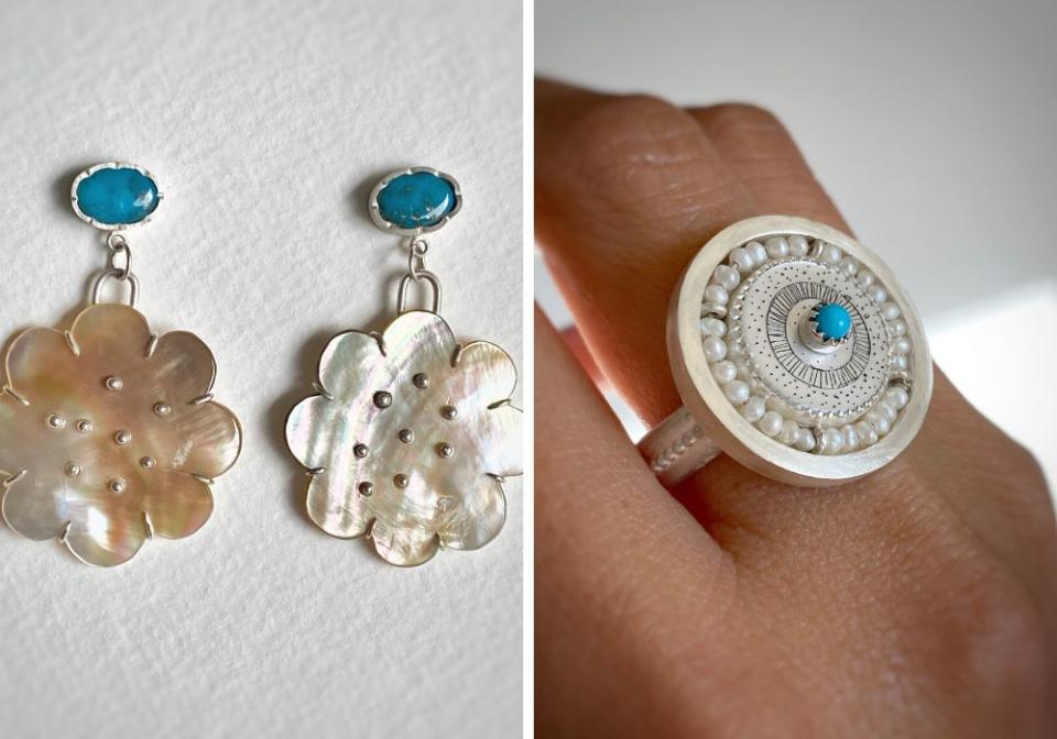 Left to right: Castle Dome and Flower Earrings with black mother of pearl, $420; Etched mother-of-pearl ring in sterling silver with turquoise and seed pearls centerpiece, $625 (Photo: Ahlazua)