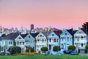 Famous row of houses known as 'Painted Ladies' just off of Alamo Square in San Francisco.