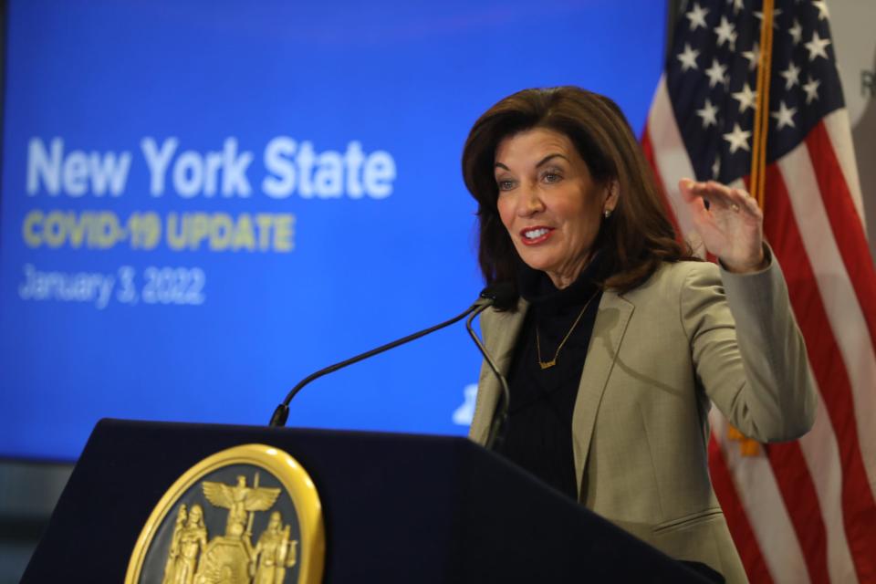 New York Governor Kathy Hochul talked about upcoming plans to assist keeping students in school and other COVID prevention measures during a press conference at Rochester Educational Opportunity Center at SUNY Brockport  in Rochester on January 3, 2022. 