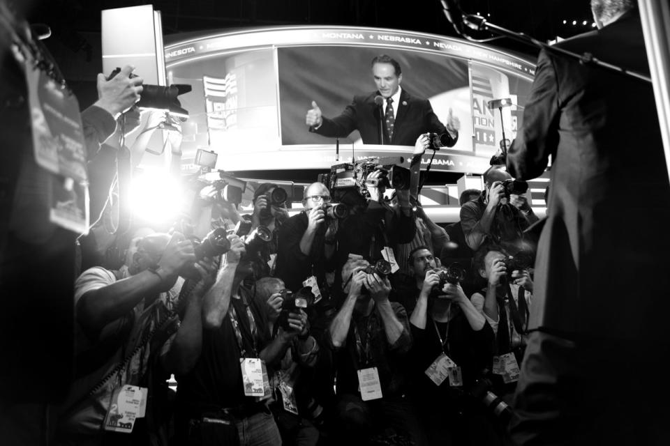 <p>The media in place in front of the New York delegation ahead of the formal casting of delegates during the RNC Convention in Cleveland, OH on July 19, 2016. (Photo: Khue Bui for Yahoo News)</p>