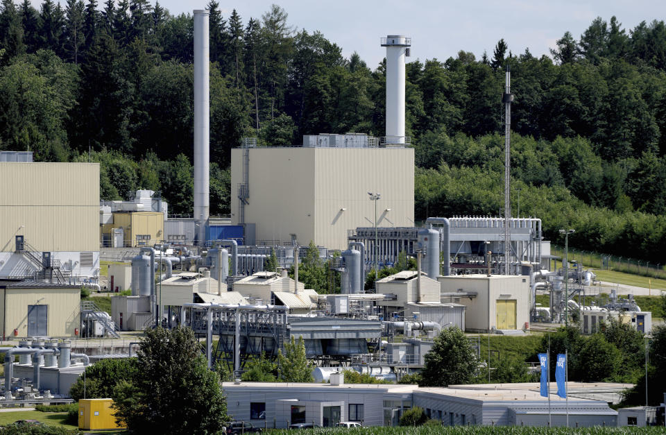 Exterior view of the 'Bierwang' gas storage facility of the 'Uniper' energy company in Unterreit near Munich, Germany, Wednesday, July 6, 2022. German lawmakers were poised Thursday to approve a major package of reforms aimed at boosting the production of renewable power, as Chancellor Olaf Scholz warned that the country has for too long relied on energy supplies from Russia.(AP Photo/Matthias Schrader)