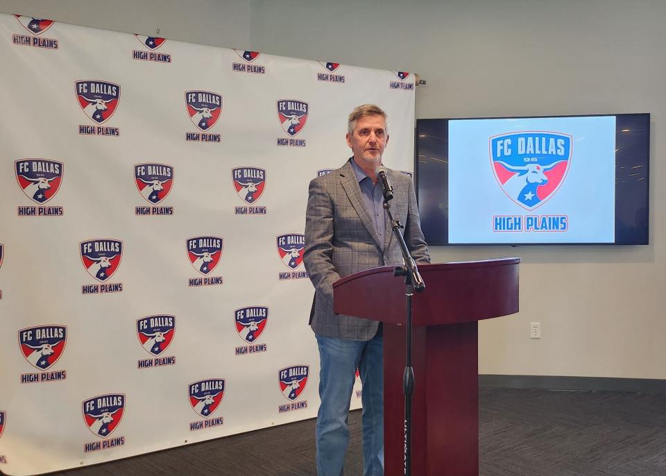 Chris Hayden, Vice President of Youth Soccer and Academy Director for FC Dallas, announces a new affiliated partnership with High Plains Drifters. The partnership create new access for area soccer players to advance to the next level. The announcement was made Thursday afternoon at a news conference held in the Hodgetown Fairly Group Club.