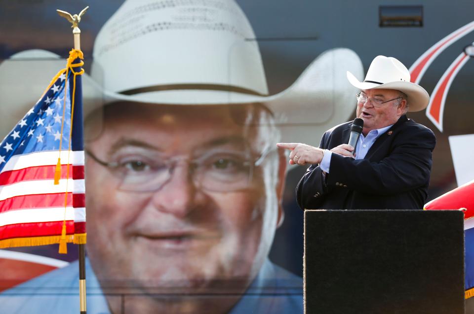 Rep. Billy Long kicked off his U.S. Senate campaign at PFI Western Store in Springfield on Tuesday, Aug. 10, 2021, standing in front of the "Billy Bus" emblazoned with his name and photo.