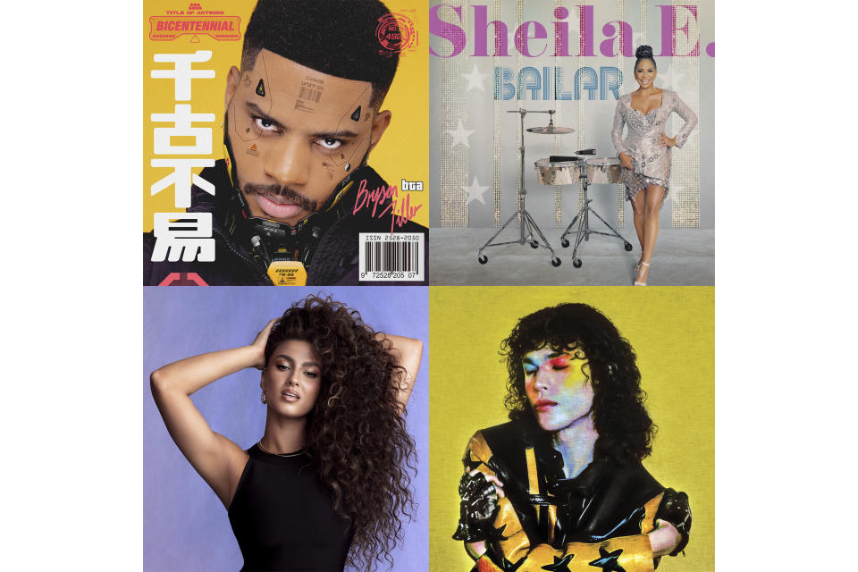 This combination of album covers shows the self-titled release for Bryson Tiller, top left, "Bailar," a release by Sheila E., top right, Tori," the latest release by Tori Kelly, bottom left, and "Found Heaven" by Conan Gray. (Trapsoul-RCA/Sony International/Epic/Republic via AP)