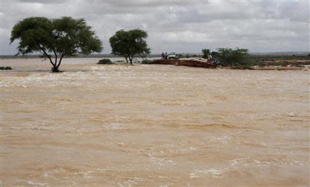 Puntland's officials visit a bridge between Garowe and Eyl that was destroyed by the storm Somalia's semi-autonomous Puntland region near Bosasso, November 12, 2013. REUTERS/Abdiqani Hassan