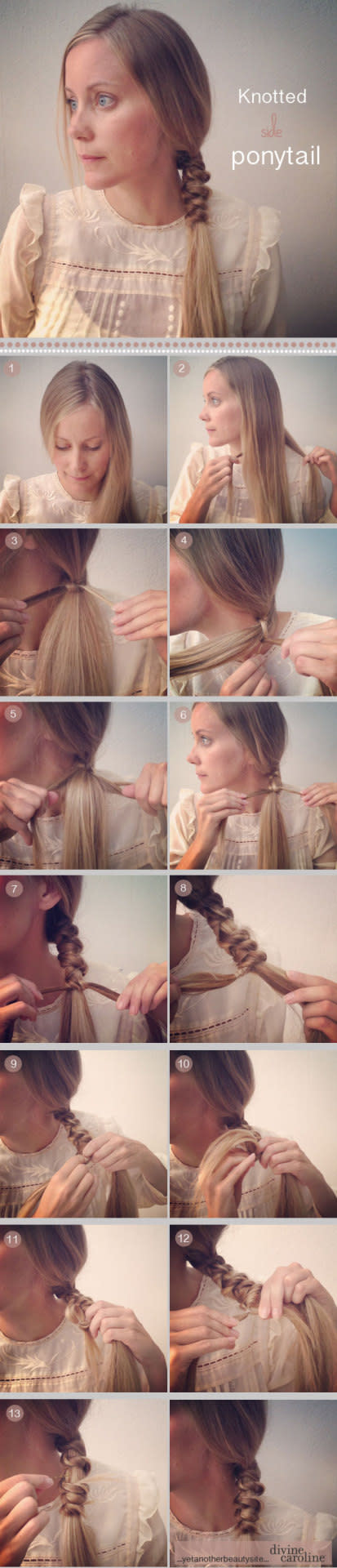 <p><i>[Photo: Yet Another Beauty Blog]</i> </p><p>This knotted side ponytail is easier than it looks.</p><p>Get the tutorial in full <a href="http://yetanotherbeautysite.com/Tutorials/knottedsideponytail.html" rel="nofollow noopener" target="_blank" data-ylk="slk:here.;elm:context_link;itc:0;sec:content-canvas" class="link ">here.</a></p>