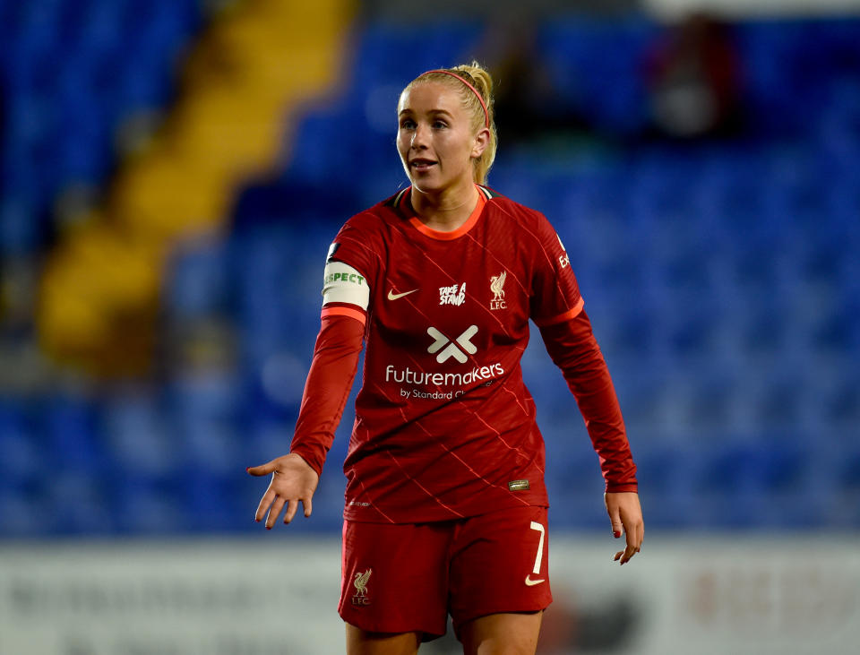 Missy Bo Kearns during the FA Women's Continental Tyres League Cup match between Liverpool and Aston Villa at Prenton Park. (PHOTO: Andrew Powell/Liverpool FC via Getty Images)