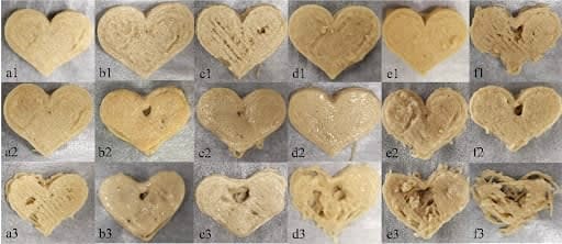 <div class="inline-image__caption"><p>Six different formulas (presented by row) were tested out and printed at three different temperatures (presented by column).</p></div> <div class="inline-image__credit">Shanshan Wang and Songbai Liu</div>