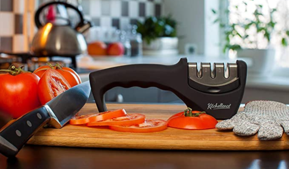 a 3-stage knife sharpener on a kitchen counter