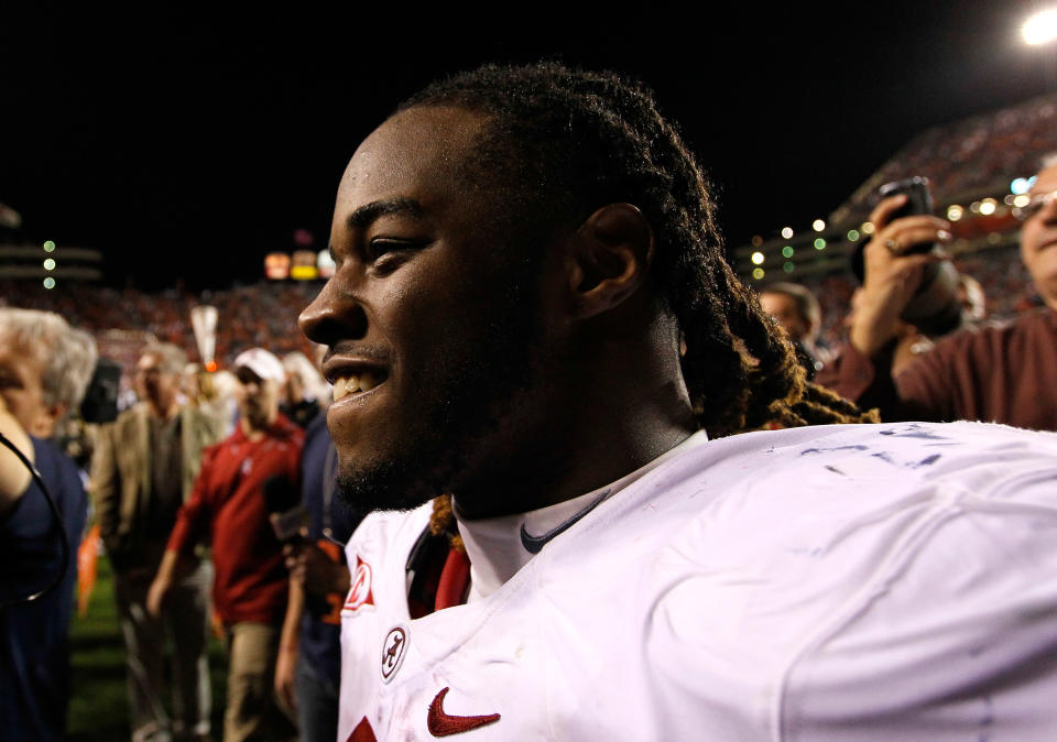 AUBURN, AL - NOVEMBER 26: Trent Richardson #3 of the Alabama Crimson Tide celebrates their 42-14 win over the Auburn Tigers at Jordan-Hare Stadium on November 26, 2011 in Auburn, Alabama. (Photo by Kevin C. Cox/Getty Images)