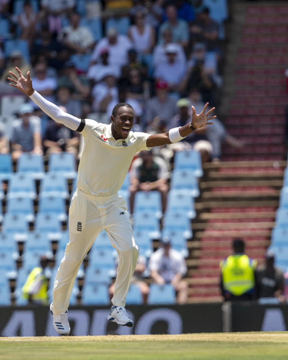 England's bowler Jofra Archer appeals unsuccessfully for the wicket of South Africa's captain Faf du Plessis on day one of the first cricket test match between South Africa and England at Centurion Park, Pretoria, South Africa, Thursday, Dec. 26, 2019. (AP Photo/Themba Hadebe)