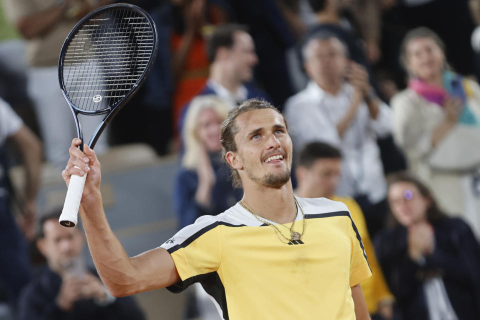 Germany's Alexander Zverev celebrates winning his semifinal match of the French Open tennis tournament against Norway's Casper Ruud at the Roland Garros stadium in Paris, Friday, June 7, 2024. (AP Photo/Jean-Francois Badias)