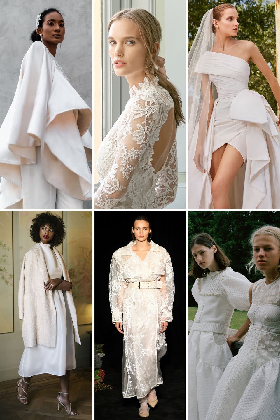 <p>A few seasons back, it was separates that were all the rage; then came statement suiting—but this is all about the layering.</p><p>Wedding wardrobes require versatility and longevity as celebrations continue to change, move, and morph in 2021, and in such uncertain times, your fashion choices are one thing you can control. Make them work for you and whatever unique celebration you have in the works by picking pieces that you won't want to wear just once. From sculptural capes to knitwear add-ons, lace-appliquéd trenches, and toppers, these bridal accents are responsible for the return of the convertible dress—in ways we've not seen before. </p><p><em>Clockwise from left: Andre Iyamah Bridal Fall 2020; Monique Lhuillier Bridal Fall 2020; Elie Saab Bridal Spring 2021; Valentin Avoh Bridal Fall 2020; Danielle Frankel Bridal Fall 2020; Cecilie Bahnsen Spring 2021. </em></p>