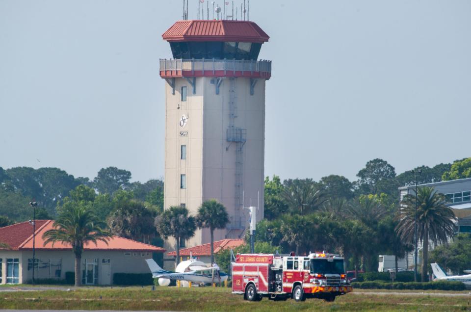 A St. Johns County fire truck responds to a training exercise at the Northeast Florida Regional Airport in St. Augustine on Wednesday, May 18, 2022. 