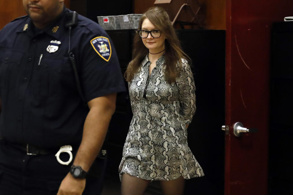 Anna Sorokin returns from a recess during her trial at New York State Supreme Court, in New York, Monday, April 22, 2019. Sorokin, who claimed to be a German heiress, is on trial on grand larceny and theft of services charges. (AP Photo/Richard Drew)