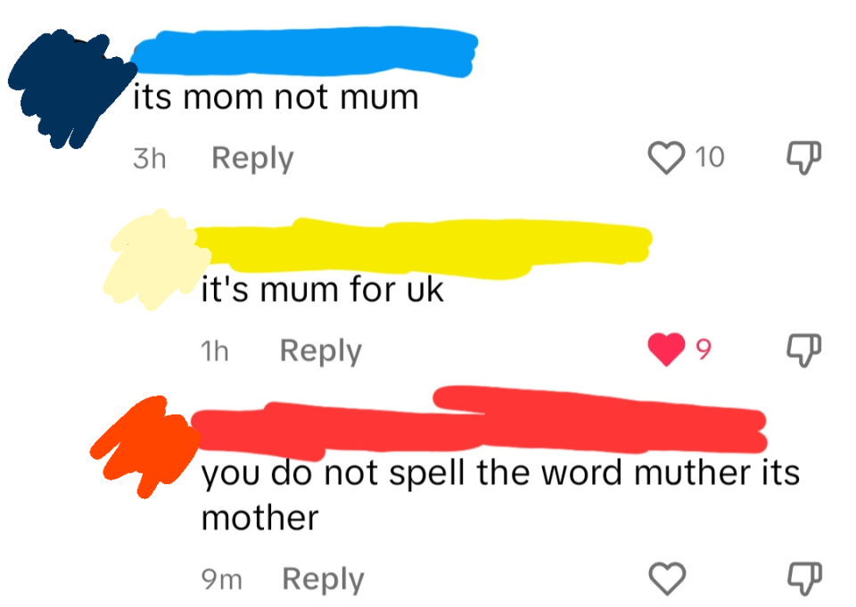 Screenshot of social media comments discussing the correct spelling of 'mother'