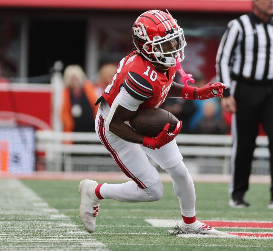 Utah Utes wide receiver Money Parks (10) runs against Oregon in Salt Lake City on Saturday, Oct. 28, 2023. Oregon won 35-6. | Jeffrey D. Allred, Deseret News