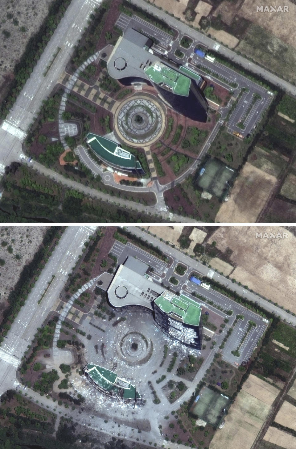 This combination of May 29, 2020 and June 22, 2020, satellite images provided by Maxar Technologies shows before, top, and after a demolition of an inter-Korean liaison office building at a shuttered joint industrial park in Kaesong, North Korea. The North blew up the liaison office building just north of the heavily armed border with South Korea on June 16, 2020 in a carefully choreographed, largely symbolic display of anger. (Maxar Technologies via AP)