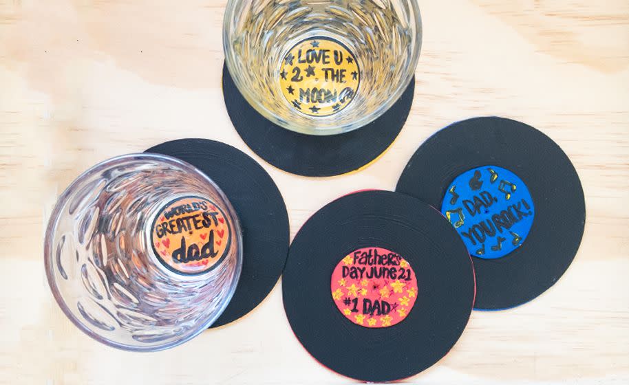 father's day crafts, upcycled records used as coasters for glasses