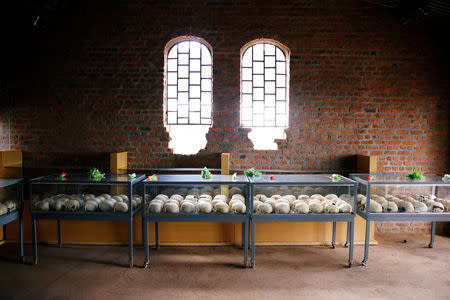 Sculls of victims of the Rwandan genocide that are part of a display inside the Ntarama church where they were killed in Ntarama, Rwanda April 6, 2019.REUTERS/Baz Ratner