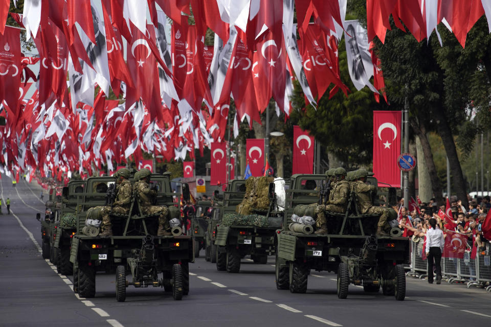 Turkey's army soldiers in a parade as part of celebrations marking the 100th anniversary of the creation of the modern, secular Turkish Republic, in Istanbul, Sunday, Oct. 29, 2023. (AP Photo/Emrah Gurel)