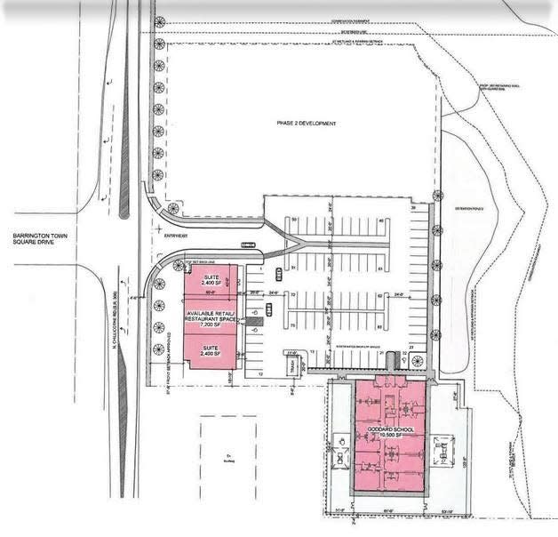 The Greens of Aurora commercial development would include a three-suite retail/office building, left, and a Goddard School, lower right (both shaded). North Chillicothe Road and Barrington Town Square Drive are at far left.