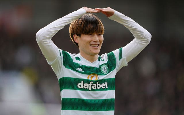 Celtic's Kyogo Furuhashi celebrates scoring as the cinch Premiership leaders win 4-1 at St Johnstone (Andrew Milligan/PA).